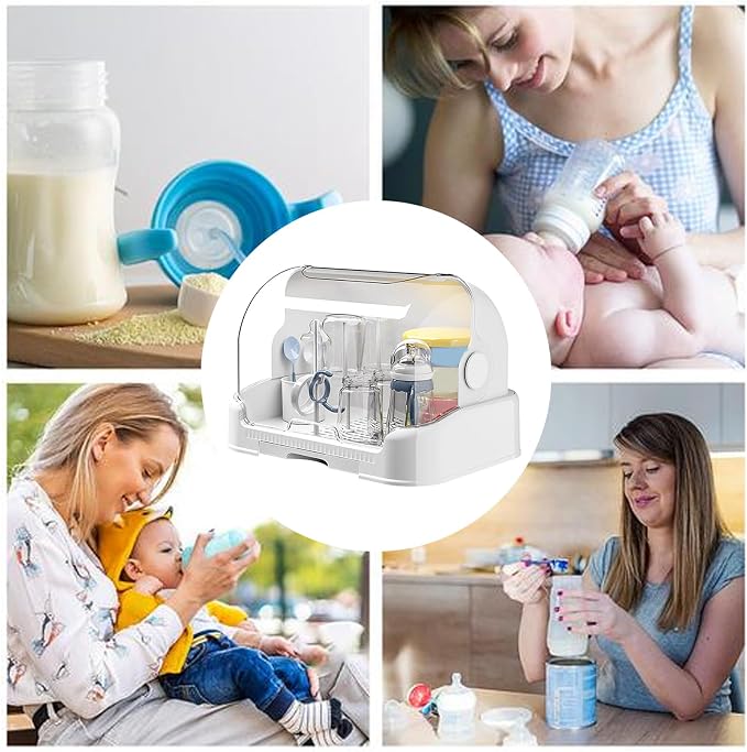 Baby Bottle Drying Rack with, Space Saving Storage Box with Lid and Removable Drain Tray, Large Baby Bottle Storage, Bottle Rack Dryer Reusable Bottle Holder for Baby, White