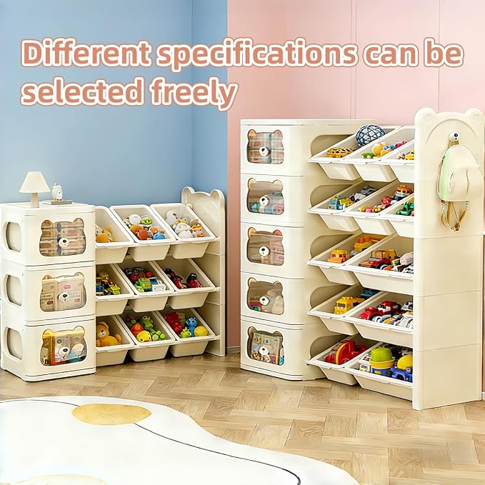 Toy Storage Organizer with 4 Drawers and 10 Bins, 4-Tier Bookshelf with Removable Storage Bins, Cute Bear Cartoon Design, Sturdy Organizer for Playroom, Nursery, Classroom