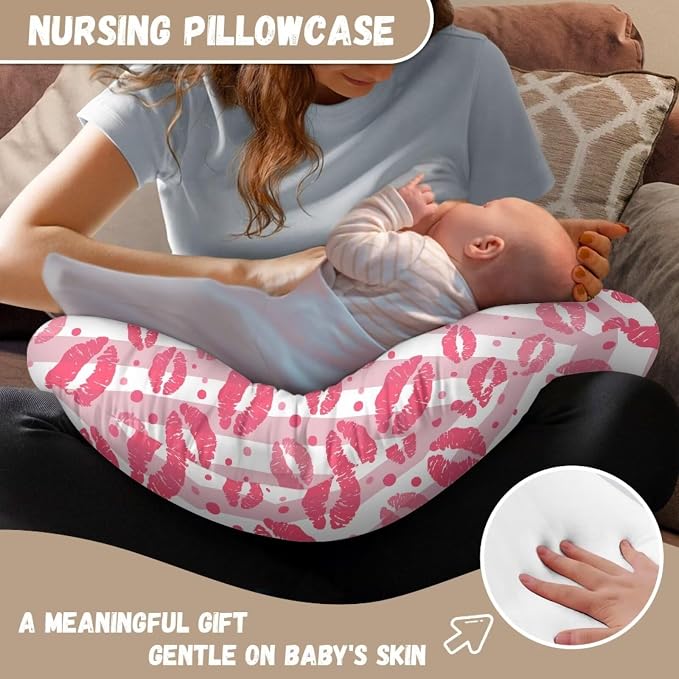 Kiss Stripes Baby Nursing Pillow Cover for Newborn, Stretchy Replaceable Pillow Cover Slipcover U-Shaped Breastfeeding Pillowcase Cushion Cover