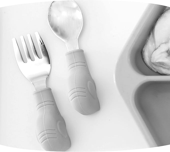 Tiny Twinkle Easy Grip Toddler Utensils Spoon and Fork Set - BPA & Phthalate Free Utensil Sets, Kids Silverware With Silicone Handle, Baby Led Weaning Supplies for 12 Months & Up (Grey Elephant)