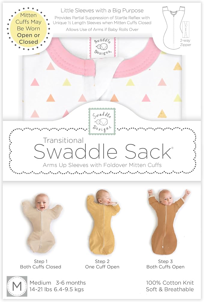 SwaddleDesigns Transitional Swaddle Sack, Arms Up Half-Length Sleeve Mitten Cuff, Most Gradual Transition Swaddle for Newborn