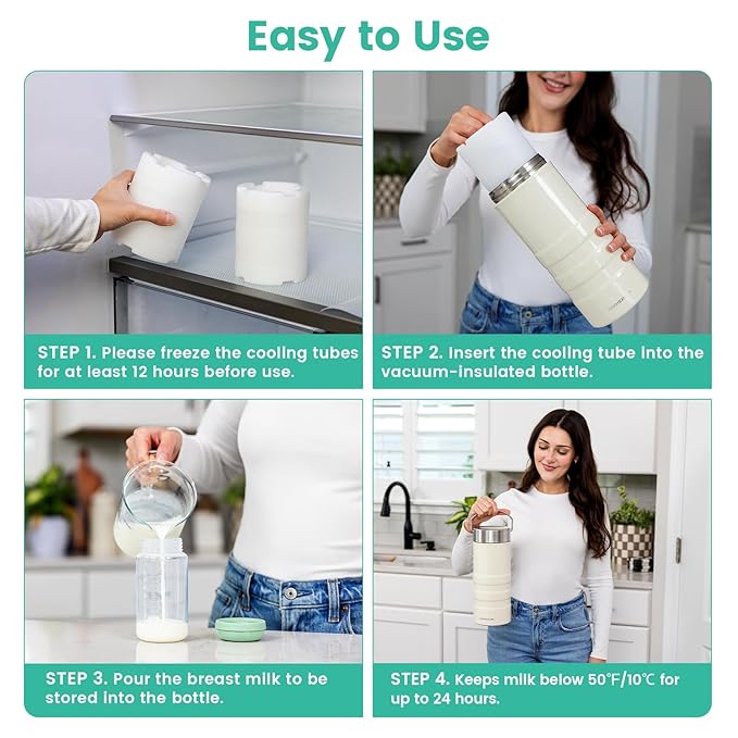 22oz Full-Day Cold-Chain Breastmilk Cooler, Double-Wall Vacuum Stainless Steel with 360° Cooling, Keeps Milk ??0°F for 24 Hours, Leak-Proof BPA-Free, Easy to Clean, Includes 2 Bottles