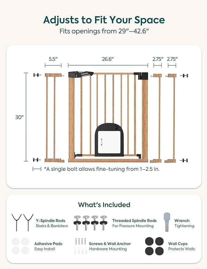 Babelio CatPrivilege ??Baby Gate with Cat Door, 29"-43" Adjustable Brown Wood Pattern Pet Door, 30" Tall Pressure Mounted Safety Gate for Stairs & Doorways, Auto Close,Wall Protectors Included