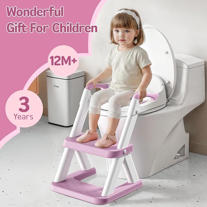 Potty Training Toilet Seat with Steps, 2-in-1 Toddler Toilet Seat for Boys Girls with Splash Guard Soft Anti-Slip Pad,Bright Purple
