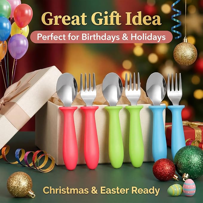 Pimoys 6 Pieces Toddler Utensils Forks and Spoons Kids Silverware Set Stainless Steel Toddler Silverware - Plastic Handle for Self-Feeding Training Daily Meals and Travel Use Dishwasher Safe