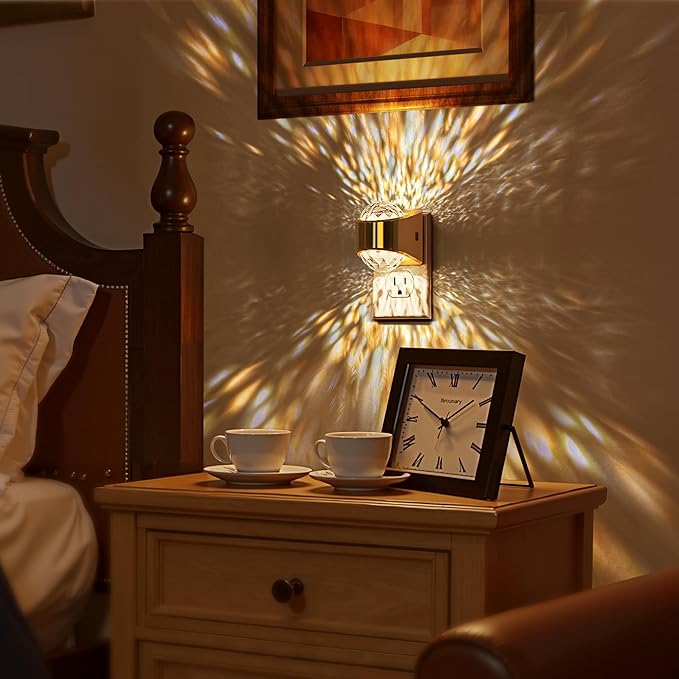 Briignite Night Light, Gold Night Lights Plug into Wall, LED Projector Night Light, Soft White for Bedroom, Dimmable Brightness Dusk to Dawn Nightlight for Kids, Bathroom, Gaming Room, Home Decor