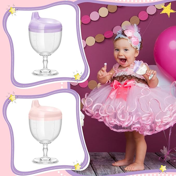 Irenare 2 Pcs Baby Wine Sippy Cup Plastic Goblet Cup No Spill Wine Glass Baby Sippy Goblet Glass Beverage Mug Milk Bottle with Lid for Kids (Pink, Purple)