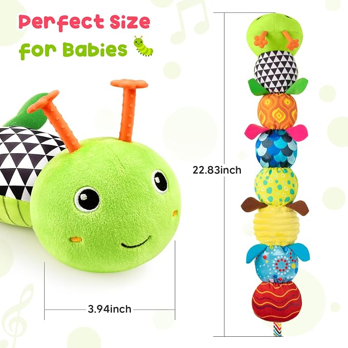 Baby Sensory Toys 0-6 6-12 Months, Stuffed Musical Caterpillar Animal Toys for Babies 3-6 Months with Rattles Crinkle Squeaker, Infant Tummy Time Toys for Newborn Baby Boy Girl Gifts, Green