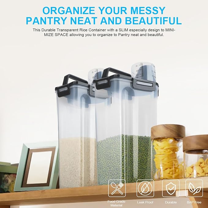 Uppetly Rice Airtight Dry Food Storage Containers, BPA Free Plastic Storage Bin Dispenser with Pourable Spout, Measuring cup for Cereal, Flour and Baking Supplies, Include a Stainless Steel Whisk