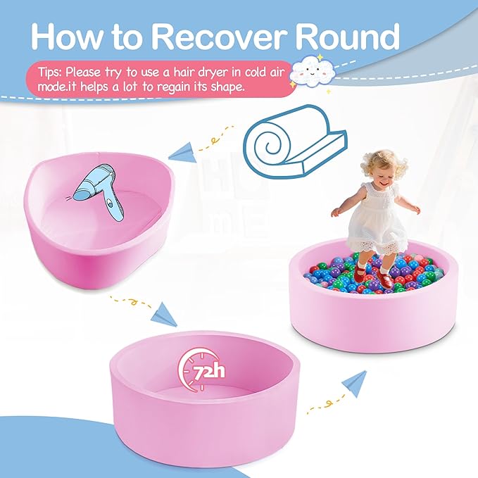 47.2" x 15.7" Foam Ball Pit for Toddlers, Baby Round Balls Pool for Babies 1-3, Kids Play Ball Pits for Boys and Girls, Balls Not Included, Pink
