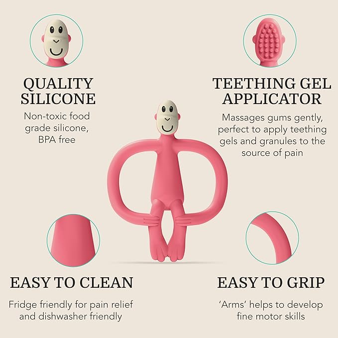 Matchstick Monkey Silicone Teether & Gel Applicator ??Silicone Baby Teether, Easy-to-Grip, BPA-Free, Supports Self-Soothing & Early Brushing, 3 Months+, 4 Inches, Pink