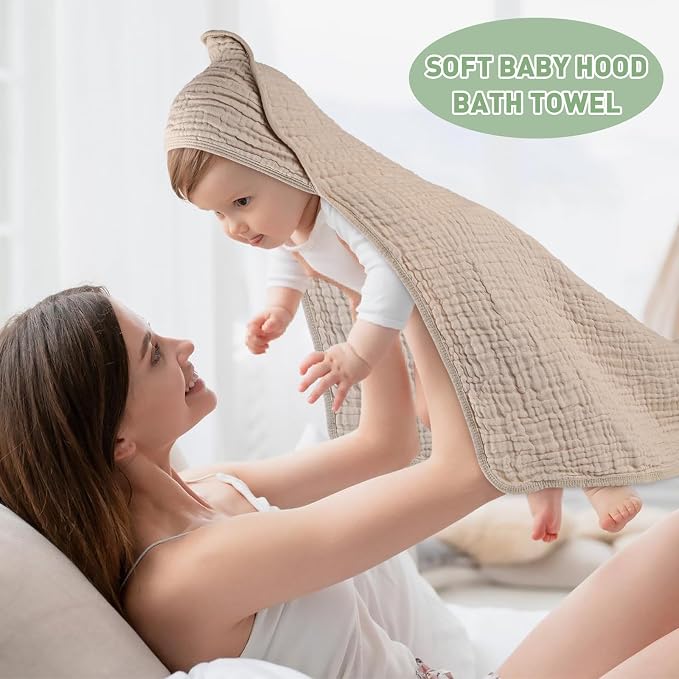 Synrroe 2 Pack Hooded Muslin Cotton Baby Towels (Green/Brown), 32 by 32 Inches, Ultra-Soft & Breathable for Baby Bath Time
