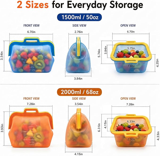 Reusable Silicone Food Storage Bags, Magnetic Seal Reusable Storage Bags, Stand Up Silicone Freezer Bags for Food, Fruit, Snack, Sandwich, Meal Prep, Dishwasher Safe, 50oz, 1 Pack