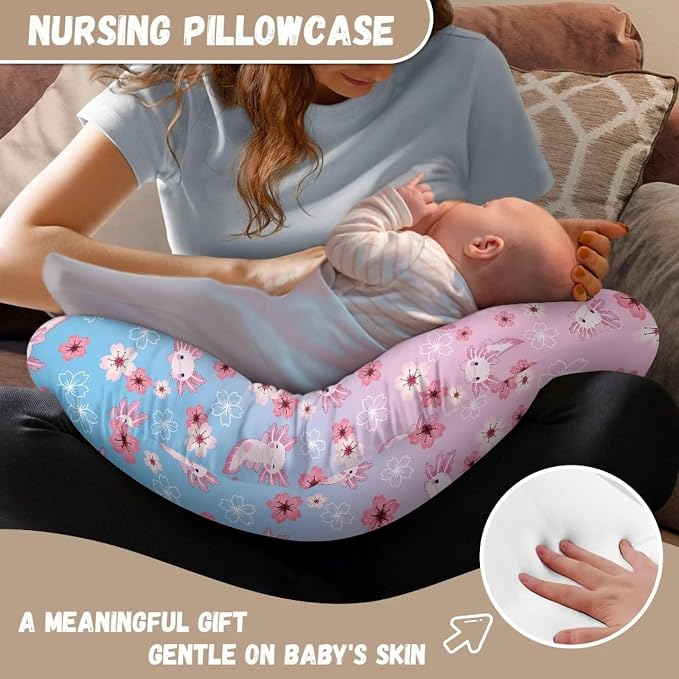 Axolotl Cherry Blossom Newborn Nursing Pillow Cover with Hidden Zipper Comfortable Stain Resistant Breastfeeding and Bottle Feeding Pillow Cover for Boys Girls