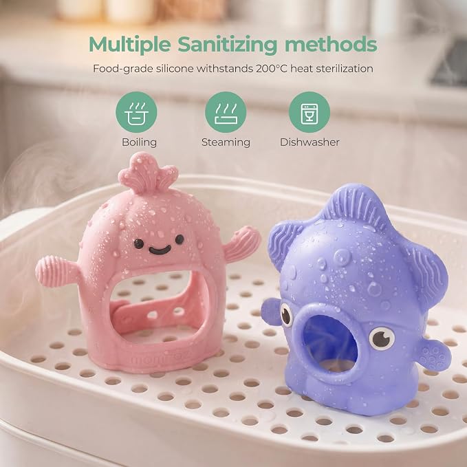 Momcozy Baby Teething Toys, Food Grade Silicone Baby Teether for 0–12 Months, Baby Adjustable Teethers Mitten, Easy Grip Teething Relief with Multiple Chew Points,Sensory Exploration ,Sky Blue