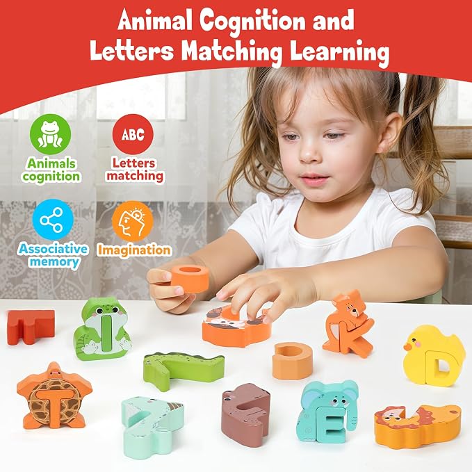 Wooden Alphabet Matching Game, ABC Animal Puzzle Board for Toddlers, Montessori Sorting Blocks Board Toy, Preschool Jigsaw Puzzle for Early Learning, Educational Gift for Kids Boys Girls Ages 3-5