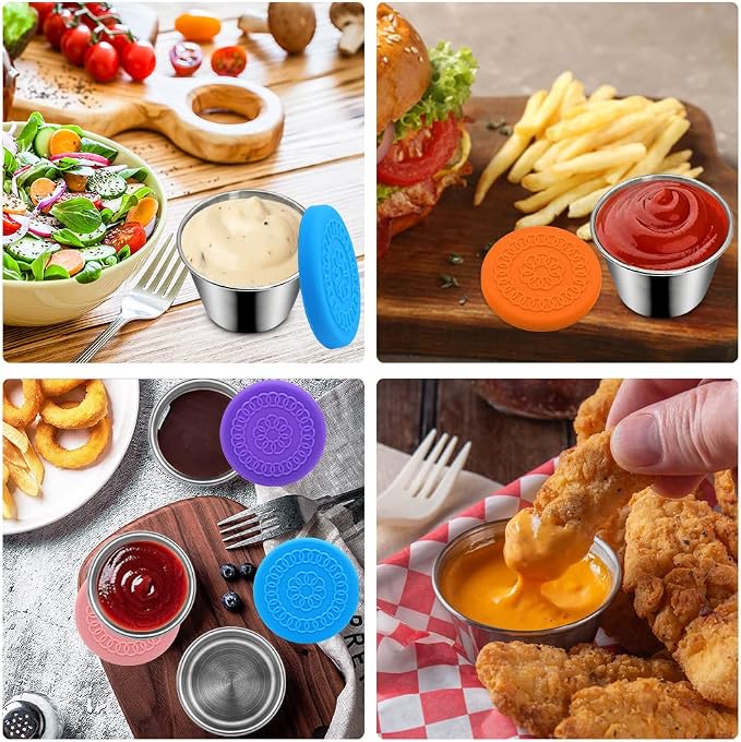 Winceed 6Pack 2.4oz Salad Dressing Container To Go, Small Stainless Steel Condiment Containers with Silicone Lids, Leakproof Reusable Dipping Sauce Cups for Lunch Box