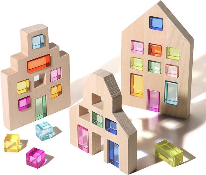 Dinhon 25 Pcs Acrylic Building Blocks with 3 Beech Wood Houses - 17 Cubes + 8 Long Blocks Rainbow Gem Set, Insert & Stack Sensory Toy for 1-5 Years Old Boys Girls, Creative Play Birthday Gift