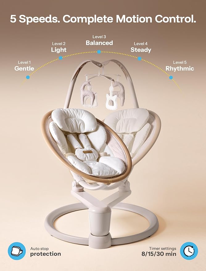 HARPPA Weddell Signature Baby Electric Swing for Newborns and Infants, Elevated Eye-Level Seat, 180° Rotation with Dual Motion, 5-Point Harness, 5 Speeds & Remote Control, Beige