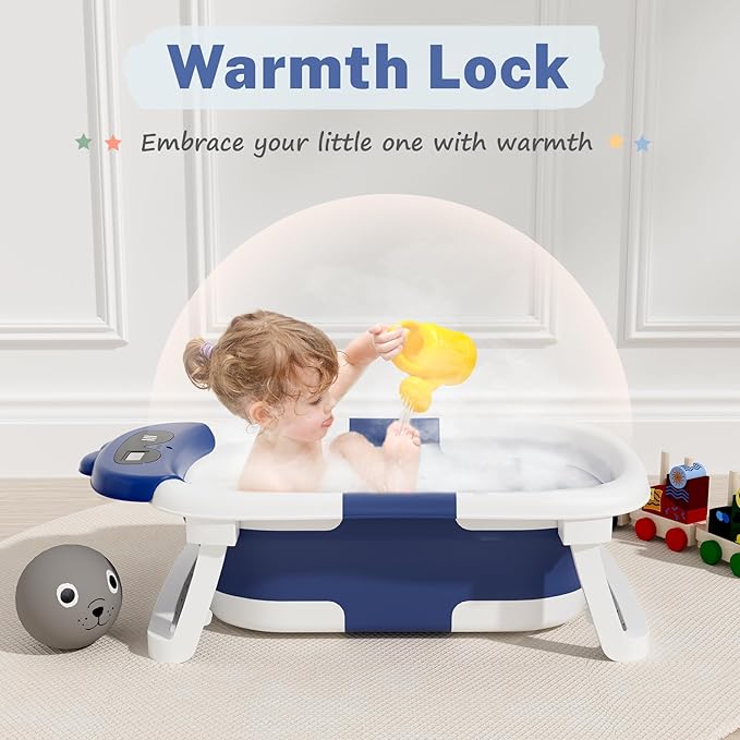 AVIDOR Baby Bathtub,Collapsible Bathtub for Newborn to Toddler,Durable Essential Infant Bath Tub,Portable Travel Baby Tub with Soft Bath Net,No-Slip Feet and Dinosaur Shaped (Navy Blue)