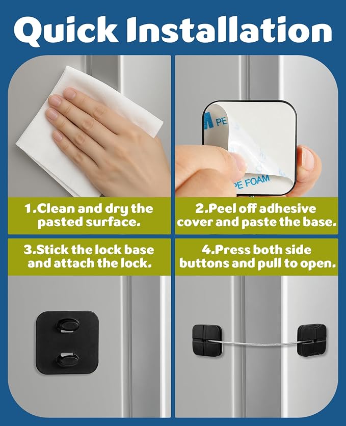 Maveek 4 Child Safety Fridge Lock, Childproof Lock for Cabinets and Drawers | Dual-Button Refrigerator Door Locks, Toilet, Closet, Dresser, Baby Proofing Latch, No Drill, Keyless, Strong Adhesive (Black)