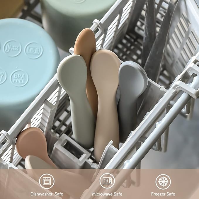 6 Pack Baby Spoons, Shorter Length for Self Feeding, First Stage Spoons, Food Grade Silicone, 6+ Months, Baby Training Spoons, Dishwasher Safe & Boil-proof