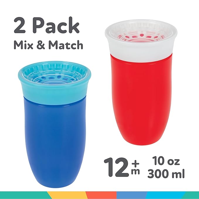 Nuby Wonder Cup - Spill-Proof Toddler Sippy Cups - (2 Pack) 10 oz - Sip from All Sides - Leak Resistant - Spoutless Transition Cup - Red/Blue