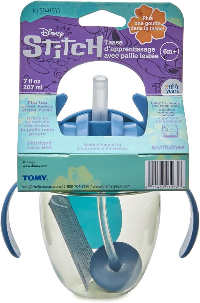 The First Years Disney Lilo & Stitch Weighted Straw Cup - Spill Proof Toddler Straw Cups with Flip Top Cover - Transition Sippy Cup - Toddler Feeding Supplies - 7 Oz - Ages 6 Months and Up