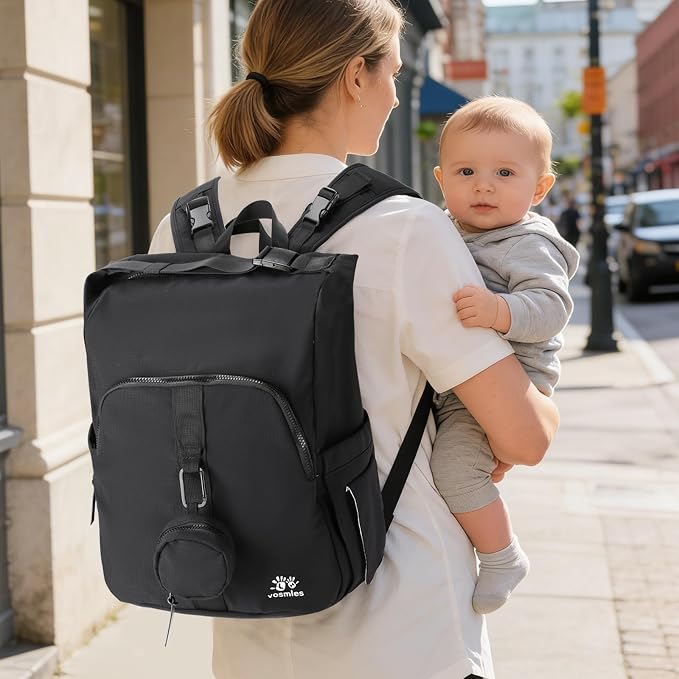 Diaper Bag Backpack with Changing Pad, Wet Dry Bag, Pacifier Case and Stroller Straps, Soft Cotton Lining, Baby Travel Bag for Moms and Dads(Black)