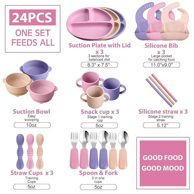 Yinder 24 Pack Silicone Baby Feeding Set Baby Led Weaning Essentials Suction Divided Plate Bowl Spoon Fork Adjustable Bib Snack Cup Straw for 6+ Months(Purple, Pink, Nude)