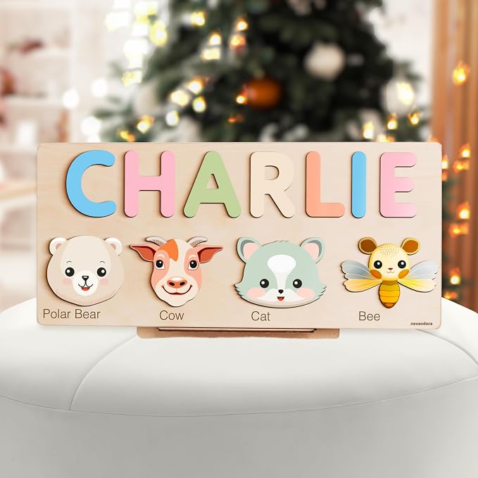 Custom Baby Name Puzzle with Animals, Baby Girl and Boy Gift, Personalized Puzzles for Toddlers, 3 6 9 12 15 18 24 36 Months Toy, Custom Babys Gift, Boy and Girl Personalized Wood Toy