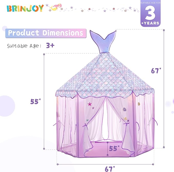 BRINJOY Princess Tent for Girls with Lights, Large Pretend Play Tent Castle w/Carry Bag & Stickers & Detachable Fishtail Top Indoor Outdoor, 67”x55” Ocean-Theme Kids Playhouse Gift for Toddler Age 3+