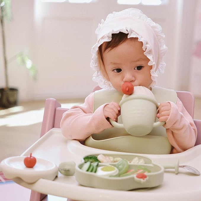 Silicone Baby Feeding Set, Gelato Collection Baby Led Weaning Supplies, First Self-Feeding Set with Silicone Suction Bowl & Plate, Straw Cup & Bib, Fork & Spoon Silicone Baby (Green)