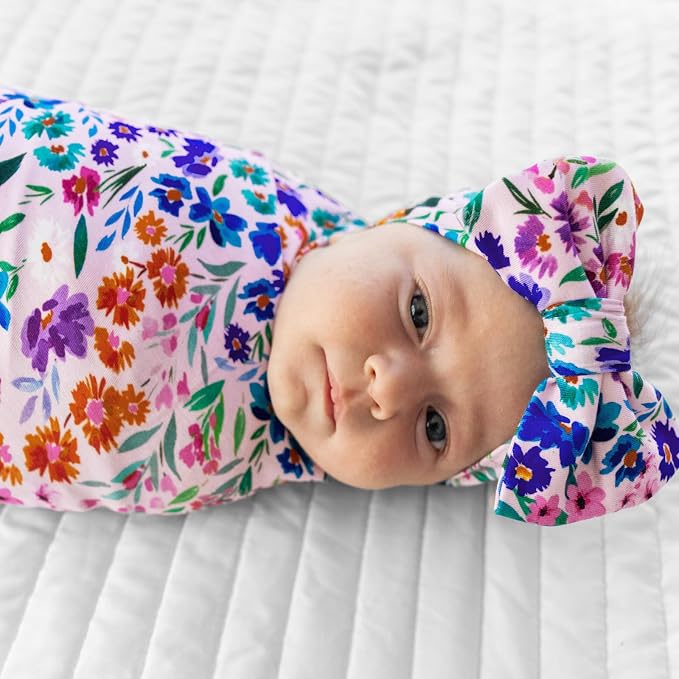Little Sleepies Swaddle & Headband Bow Set, Viscose from Bamboo Baby Swaddles, Newborn Baby Girl Clothes (Sweet Pea)