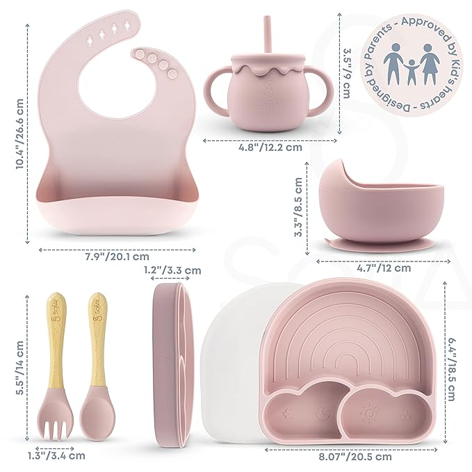 BPA-Free Non-Toxic Silicone Baby Feeding Set ??Suction Plate, Bowl, Bib & Cup ??11-Piece Baby Led Weaning Set for Ages 6-18 Months ??Eco Gift Bag (Rose Pink)