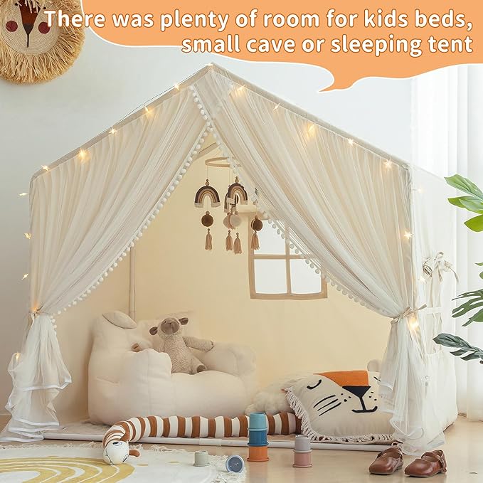Kids Play Tent with Padded Mat, Kids Tents Indoor Playhouse for Toddler, Large Princess Castle Pompoms Play House Tent for Girl Bed Tents Toys for Boys Girl Birthday House Gift