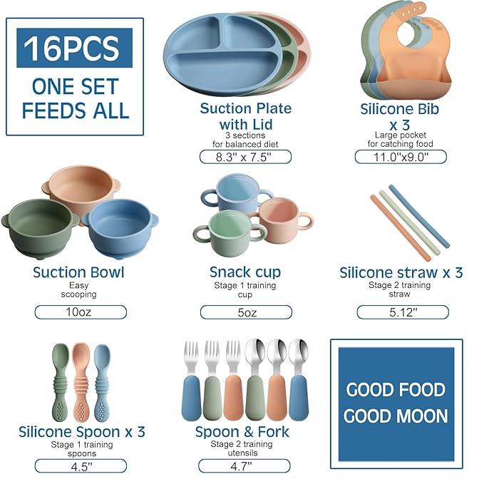 24 Pack Silicone Baby Feeding Set Baby LED Weaning Supplies Includes Suction Divided Plates Soft Bowl Spoons Forks Adjustable Bib Snack Cup and Straws(Dark Green, Dark Blue, Walnut Color)