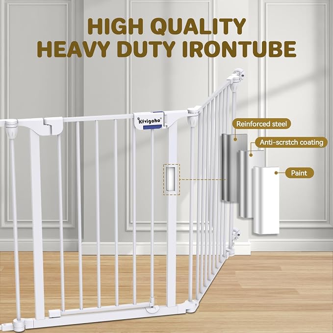 Kfvigoho Baby Gate 27.5"-129" Extra-Wide Playpen, Play Yard Child Safety Fence, Dog Gate with Auto-Close Door, Double Locking System for Fireplace, Foldable 5 Steel Panels, White