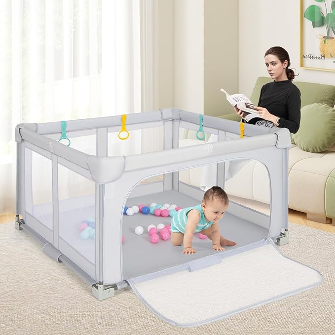 Costzon Foldable Playpen for Babies, 50''x50'' Portable Baby Play Pen with 50 PCS Ocean Balls, 4 Handles, Carry Bag, Visible Mesh, Kids Activity Center with Gates, Indoor & Outdoor Gate Play Pen