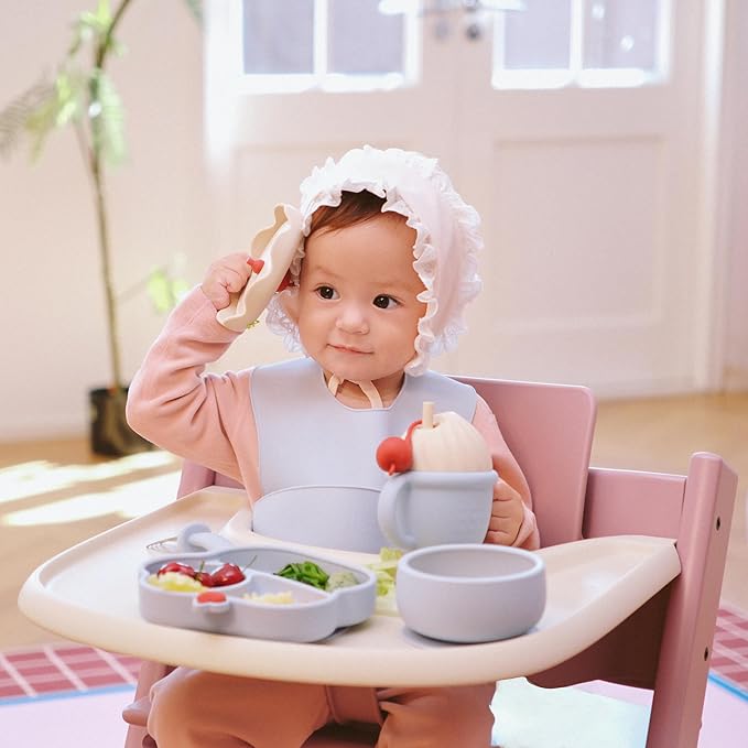 Silicone Baby Feeding Set, Gelato Collection Baby Led Weaning Supplies, First Self-Feeding Ice Cream Set, Silicone Suction Bowl with Cherry Lid & Plate, Straw Cup & Bib, Fork & Spoon