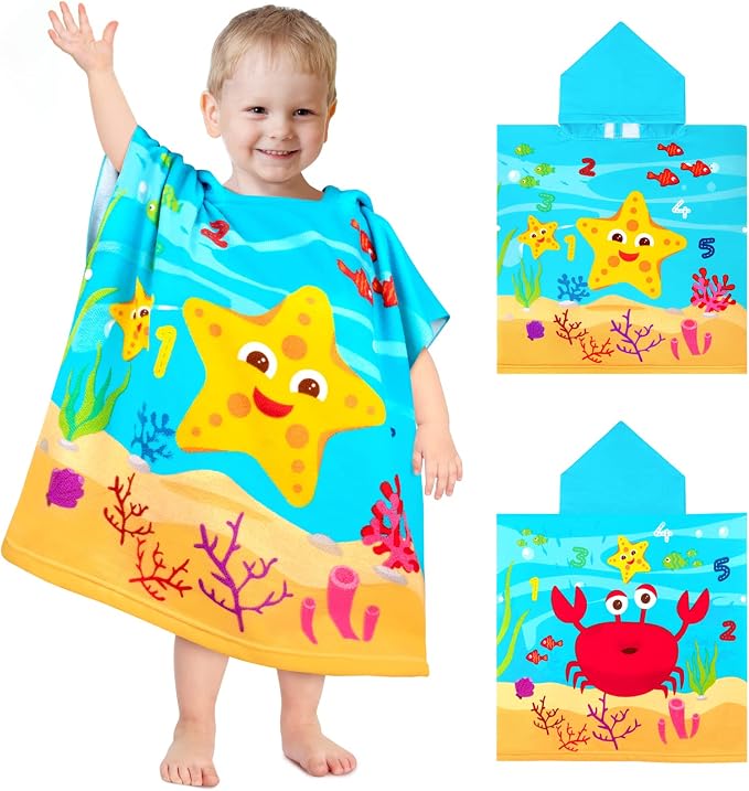 HUANLANG Kids Hooded Beach Towel for Boys Girls,Bath Pool Beach Poncho Towels Super Soft & Absorbent Cotton Towel Childrens Starfish Beach Towels for Toddler 0-7 Years Old
