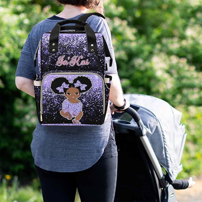 M YESCUSTOM Custom Purple Glitter Diaper Bag for Women, Personalized Name Multifunction Nylon Nursing Mommy Daypack with Large Capacity for Travel, Birthday Mother's Day Gift