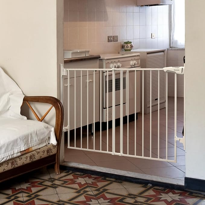 Babelio 27-45" No Bottom Bar Baby Gate with Easy Installation, 2-in-1 Auto Close Design, Suitable for The House, Stairs, and Doorways, Safety Pet Gates with Large Walk-Thru Door, White