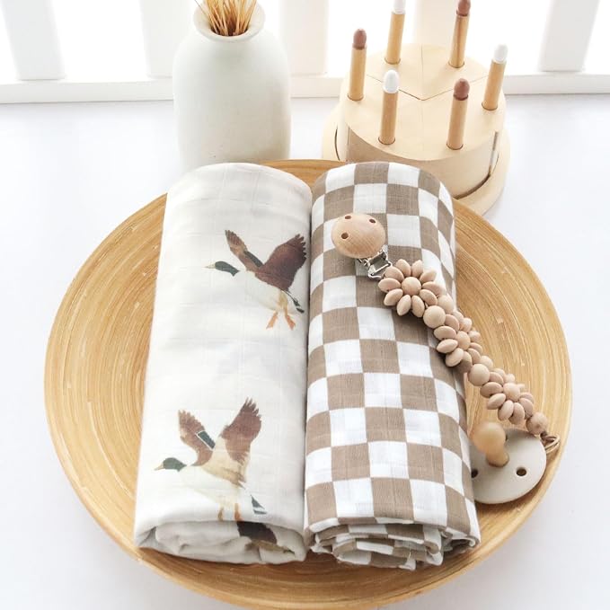 LifeTree Baby Swaddle Blankets, Boys Girls Muslin Swaddling Wrap Receiving Blanket for Newborn, 70% Viscose from Bamboo and 30% Cotton, Large 47" x 47", Duck and Coffee Checkered