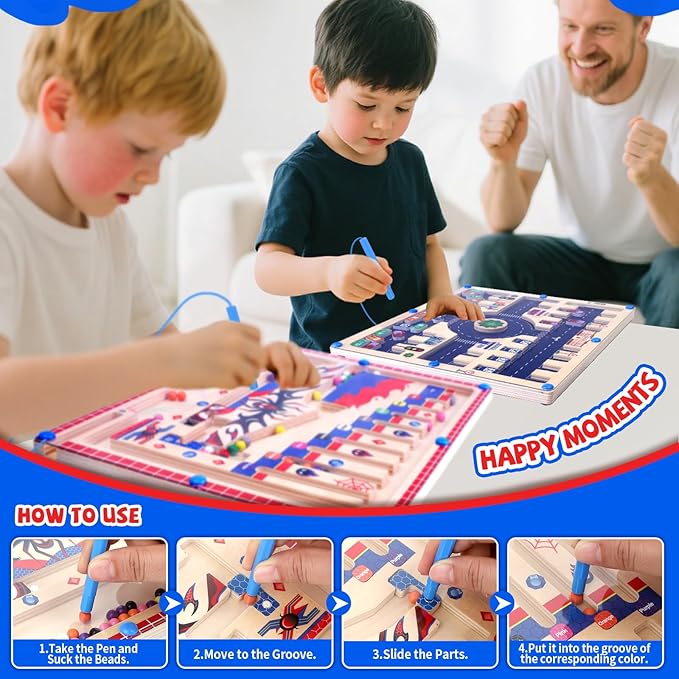 wakeInsa 2 in 1 Magnetic Color and Number Maze,Montessori Toys for Toddler Boys,Wooden Magnet Balls Puzzles,Toddler Busy Board Game,Preschool Learning Activities