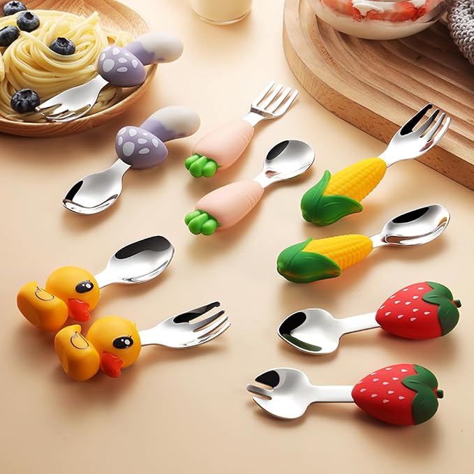 Toddler Utensils 4-Pack, Stainless Steel Toddler Forks and Spoons Set with Cute Frog & Corn Silicone Handles, Baby Kids Utensils, Children Safe Forks and Spoons Dishwasher Safe