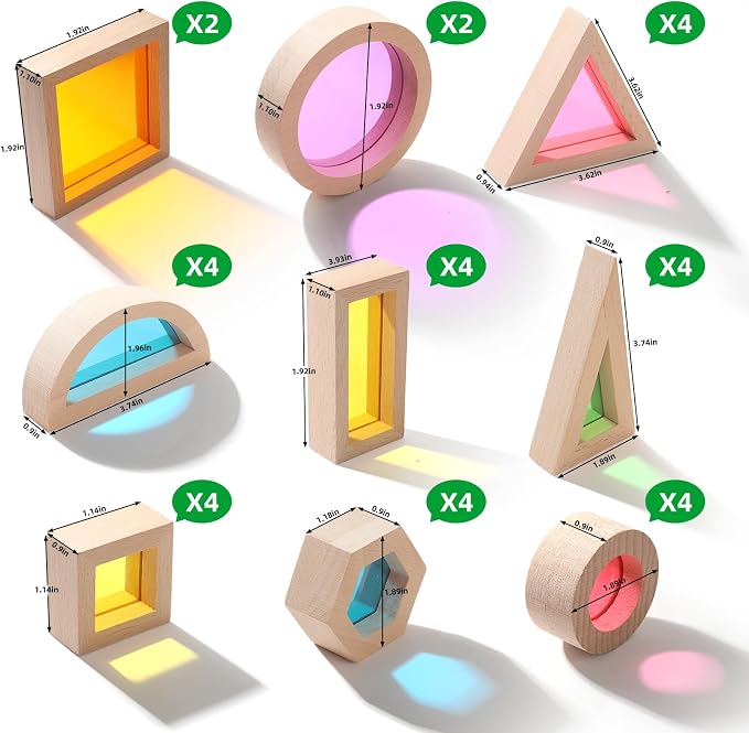 Wooden Building Blocks Set with Colored Acrylic Windows - 32 Pieces - Montessori Light Table Educational Sensory Stacking Toys for Toddlers & Preschoolers Ages 18M+