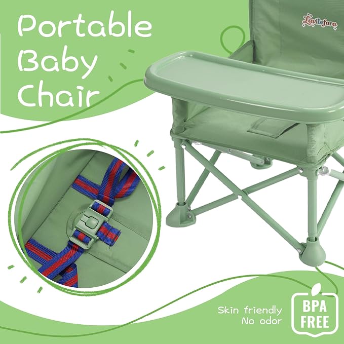 Portable Baby Chair,Portable 3-in-1 Baby Booster Seat with Tray,Folding Toddler High Chair for Travel,Camping, Home & Dining, Easy to Clean & Store, Safe with Child Safety Belt Carry Bag(Green)