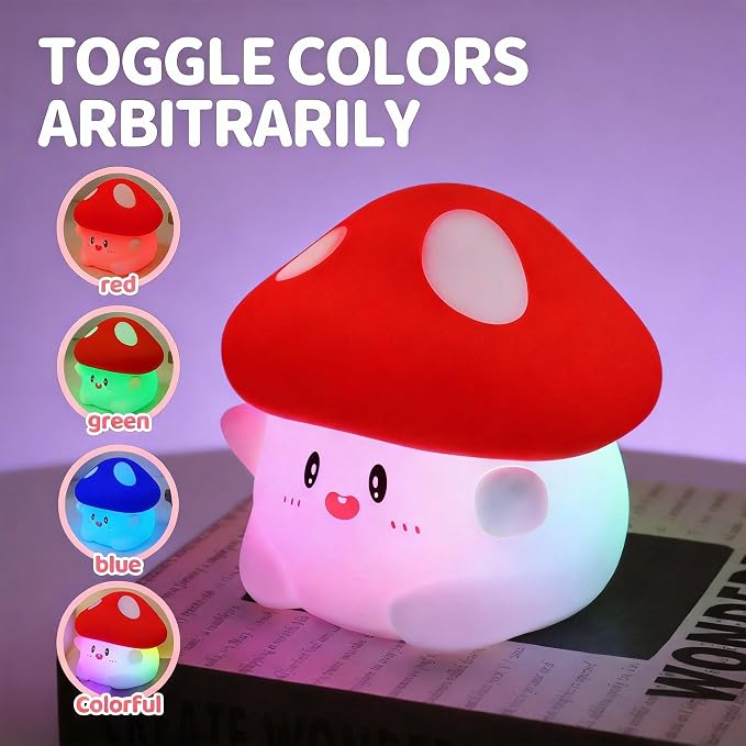 Cute Mushroom Night Light with RGB Flashing Color Squishy Soft Silicone, USB Rechargeable, Long Battery Life, Soft Squishy, Dimmable Brightness - Bedroom Decor, Gifts Decor for Kids & Adults