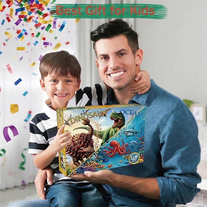 Puzzle for Kids Ages 4-6 – 2x60 Piece Jigsaw Puzzles for Toddlers 3-5,6-8,Dinosaur & Ocean Scenes,2 in 1 Pack Educational Dinosaur & Ocean Games for Boys & Girls